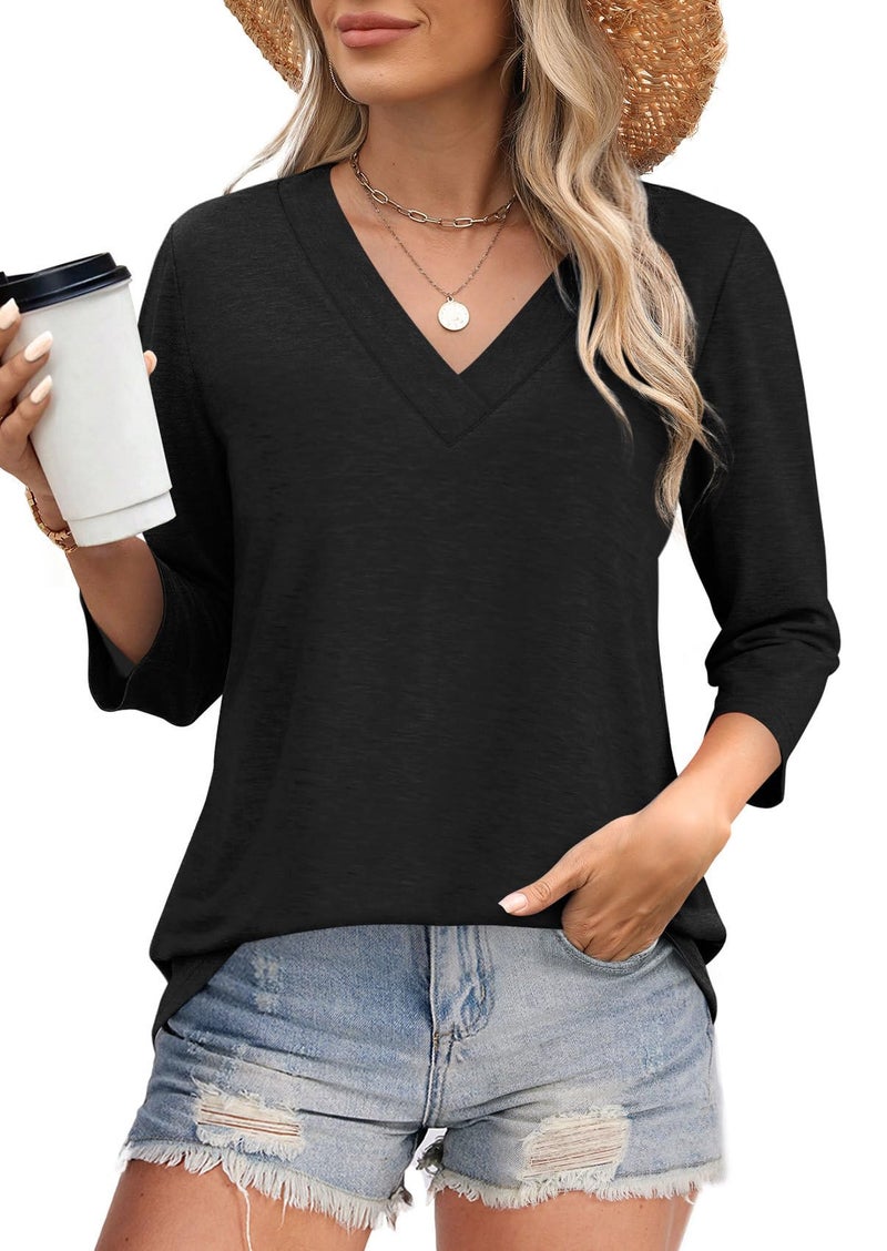 WIHOLL 3/4 Length Sleeve Womens Tops Dressy V Neck Black Blouses for Women Summer Business Casual S - Image 2