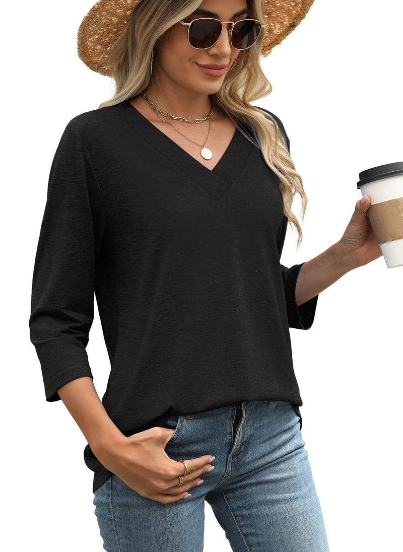 WIHOLL 3/4 Length Sleeve Womens Tops Dressy V Neck Black Blouses for Women Summer Business Casual S - Image 3