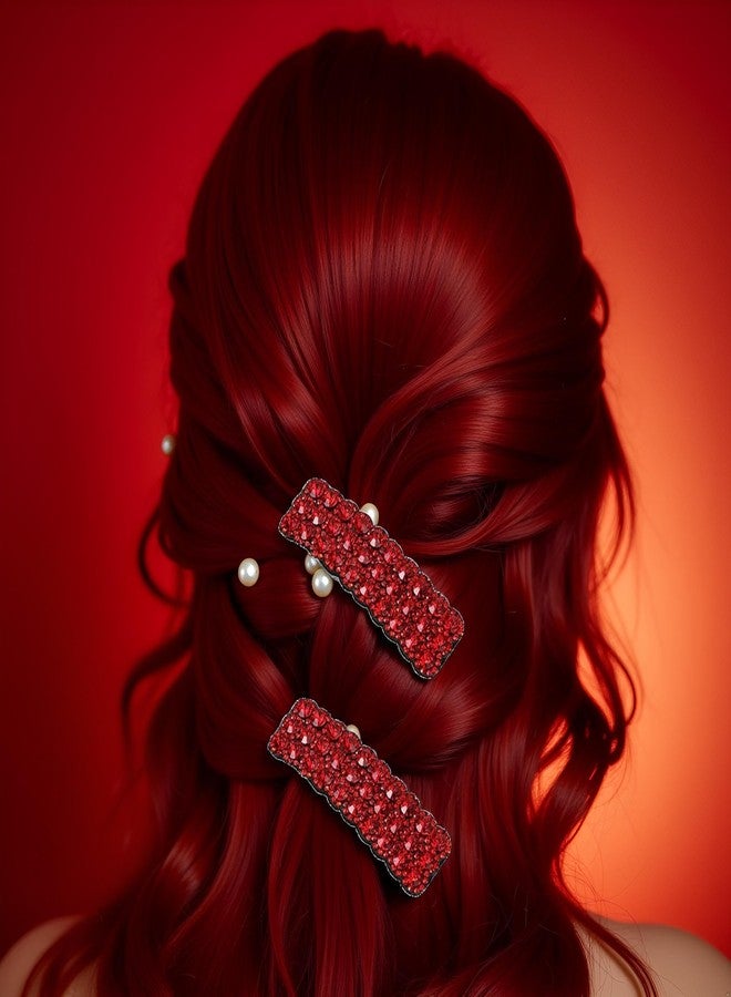 قطعتان من مشابك الشعر الحمراء المرصعة بأحجار الراين على الطراز الكوري، دبابيس شعر مستطيلة لامعة فاخرة، مشابك شعر مرصعة بأحجار الراين لحفلات الزفاف، مشابك شعر للنساء والفتيات، للعناية بالشعر، إكسسوارات شعر حمراء - Image 5