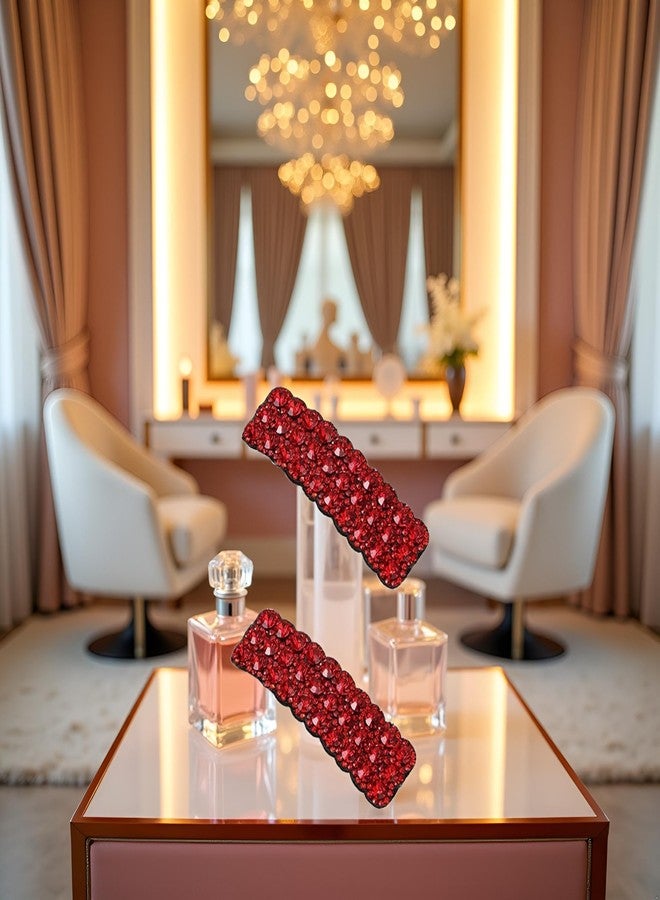 قطعتان من مشابك الشعر الحمراء المرصعة بأحجار الراين على الطراز الكوري، دبابيس شعر مستطيلة لامعة فاخرة، مشابك شعر مرصعة بأحجار الراين لحفلات الزفاف، مشابك شعر للنساء والفتيات، للعناية بالشعر، إكسسوارات شعر حمراء - Image 3