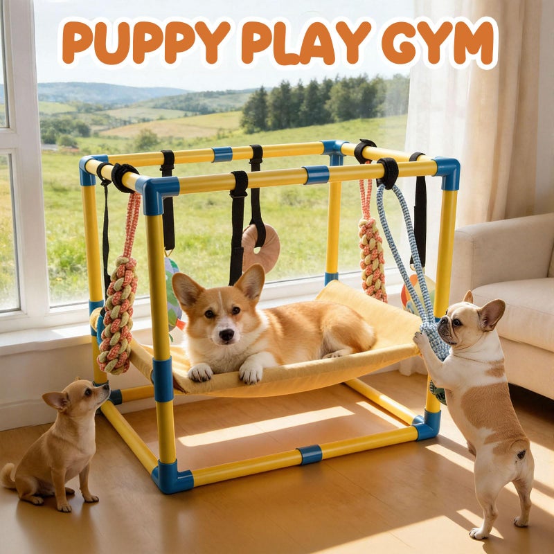 Fsawdnn Puppy Play Gym with 8 Hanging Toys, Indoor Puppy Jungle Gym with Interactive Dog Enrichment Toys.PVC Frame with Small Dogs Hammock Enrichment Activity Center - Image 2
