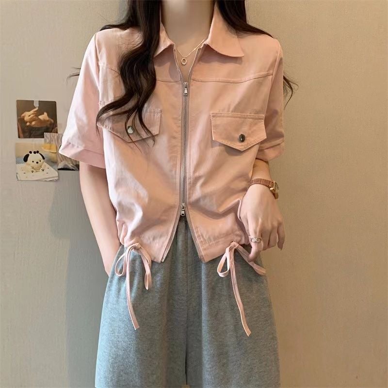 Short Right Shoulder Workwear Slimming Look Top for Women Summer New Large Size Slightly Fat mm Design Double Zipper Polo Shirt Pink - Image 1