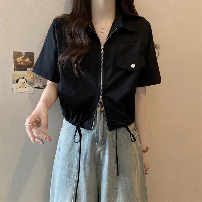 Short Right Shoulder Workwear Slimming Look Top for Women Summer New Large Size Slightly Fat mm Design Double Zipper Polo Shirt Pink - Image 2