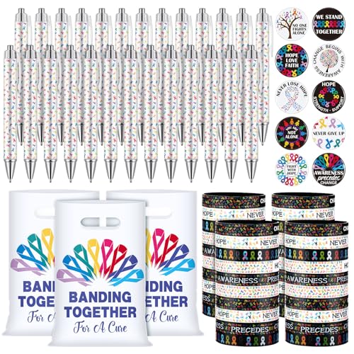 Supervitae 200 Pcs Cancer Awareness Accessories Include 50 Multicolor Ribbon Gift Bags 50 Colorful Ribbon Wristband 50 Cancer Awareness Pen 50 Prevention Button Pins for Charity Gifts Supplies - Image 1