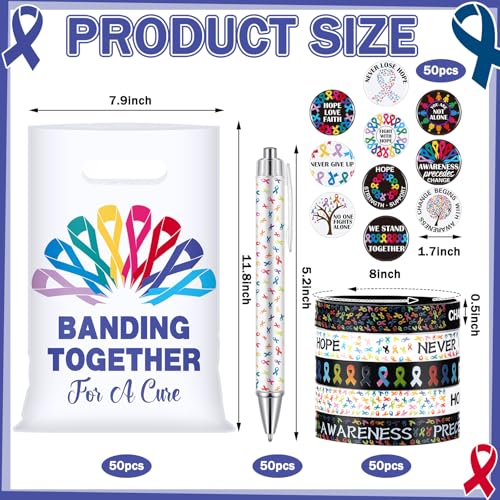Supervitae 200 Pcs Cancer Awareness Accessories Include 50 Multicolor Ribbon Gift Bags 50 Colorful Ribbon Wristband 50 Cancer Awareness Pen 50 Prevention Button Pins for Charity Gifts Supplies - Image 5