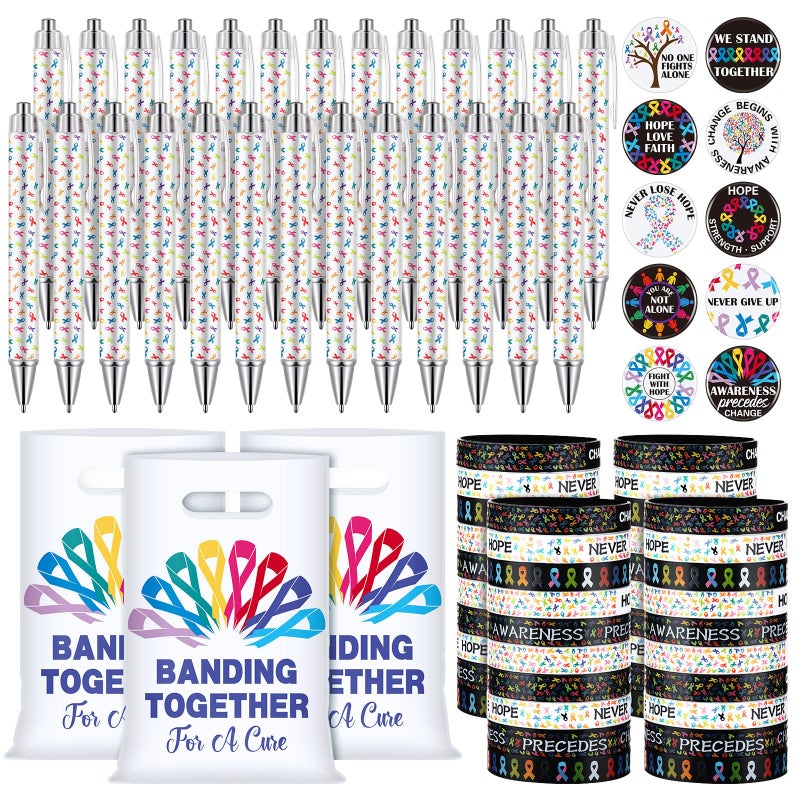 Supervitae 200 Pcs Cancer Awareness Accessories Include 50 Multicolor Ribbon Gift Bags 50 Colorful Ribbon Wristband 50 Cancer Awareness Pen 50 Prevention Button Pins for Charity Gifts Supplies - Image 3