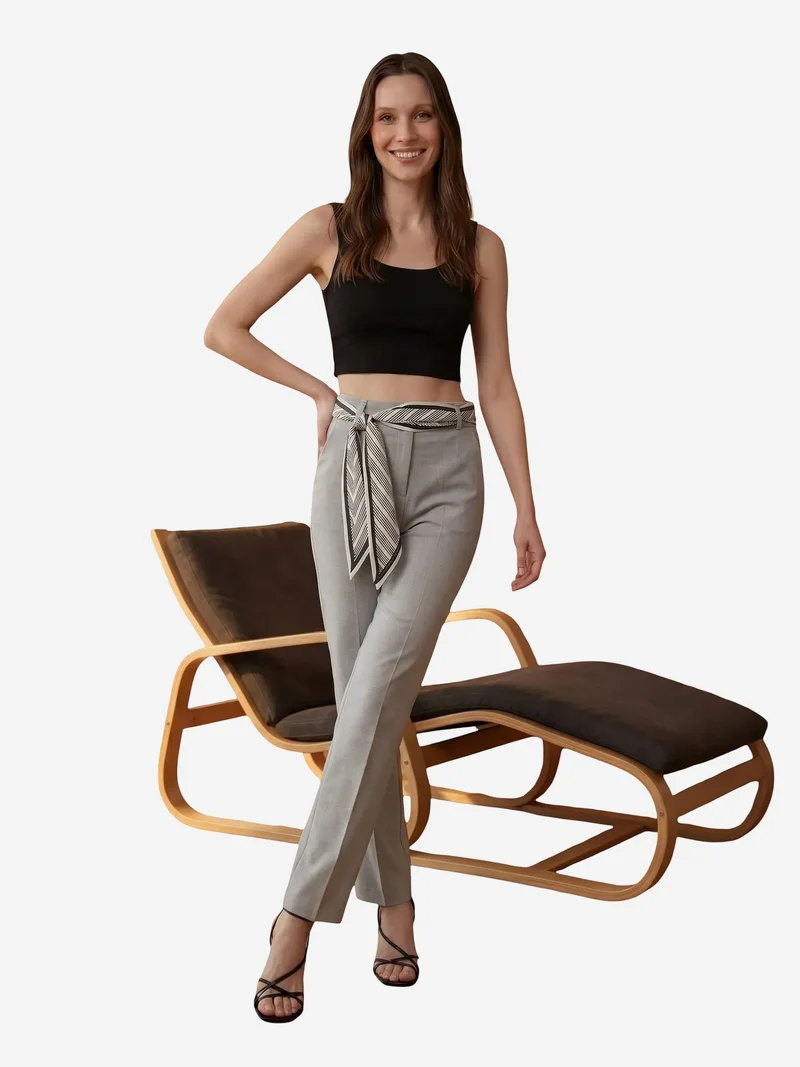 My Fashion Light Grey MY FASHION High-Waist Straight-Leg Crepe Trousers with Belt for Women | Best Price UAE