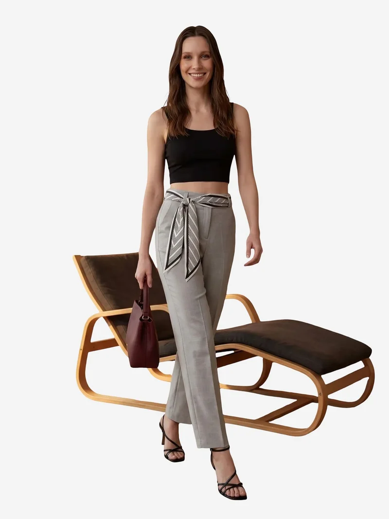 MY FASHION MY FASHION High-Waist Straight-Leg Crepe Trousers with Belt