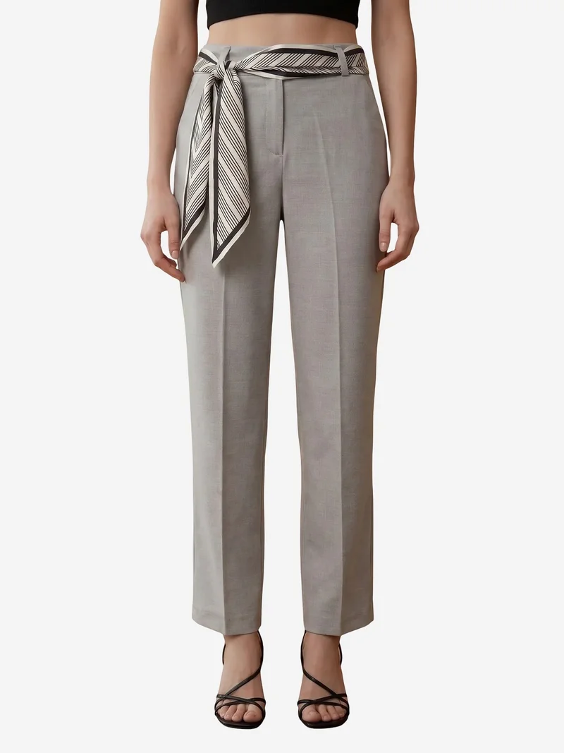 My Fashion Light Grey MY FASHION High-Waist Straight-Leg Crepe Trousers with Belt for Women | Best Price UAE