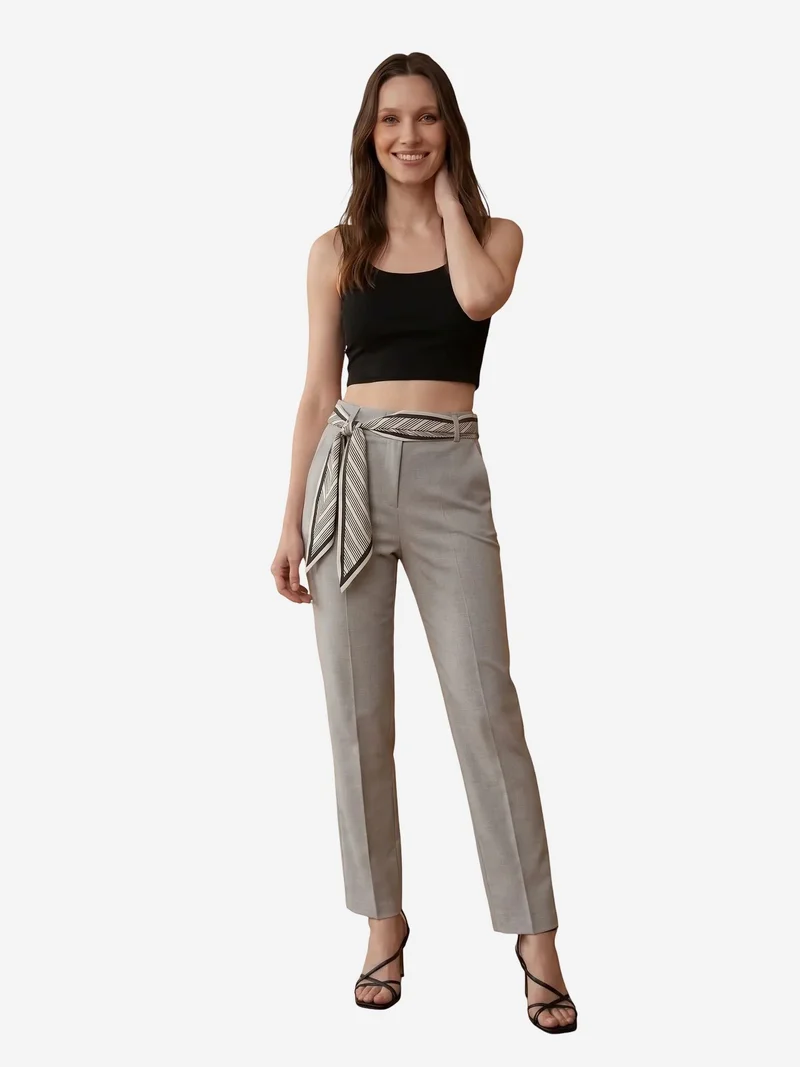 My Fashion MY FASHION High-Waist Straight-Leg Crepe Trousers with Belt