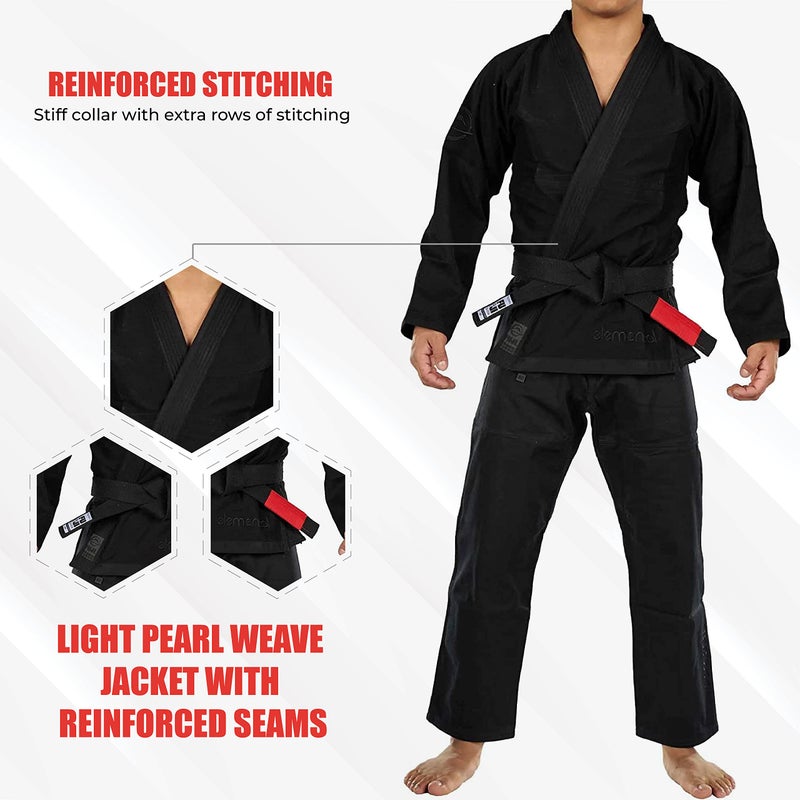 FUJI Elemental Brazilian Jiu Jitsu Gi, BJJ Uniform with Pearl Weave Jacket, made from Cotton Blend Black, Size A1 - Image 4