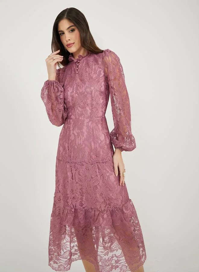 Styli Lace Insert Balloon Sleeves A-Line Midi Dress