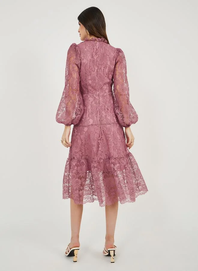 Styli Lace Insert Balloon Sleeves A-Line Midi Dress