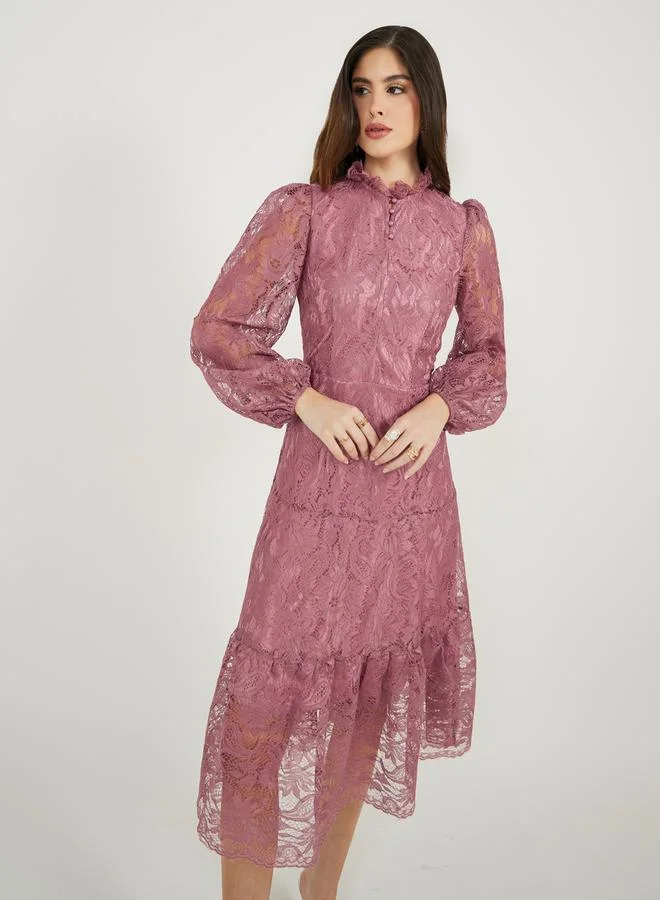 Styli Lace Insert Balloon Sleeves A-Line Midi Dress