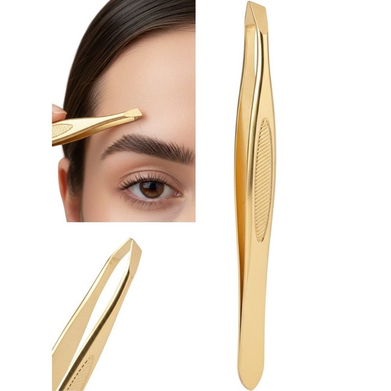 ملقط حواجب احترافي عالي الدقة بلون ذهبي فاخر – Tweezers ذهبية برأس مائل دقيق – ملقط إزالة شعر من الجذور – ملقط تجميل من الفولاذ المقاوم للصدأ مطلي ذهب – أداة عناية شخصية دقيقة للحواجب والوجه – قبضة مانعة للانزلاق – دقة إغلاق مثالية – استخدام منزلي واحترافي - Image 1