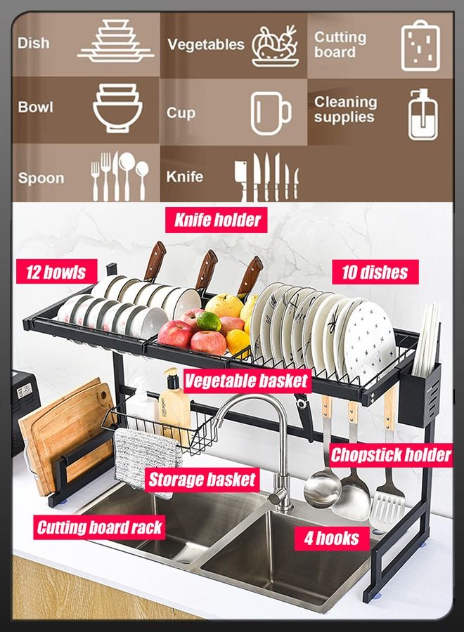 Stainless Steel Over The Sink Dish Drying Drainer Rack Multi Functional Kitchen Countertop Cutlery Storage Organizer With Utensil Holder Drain Board Cutting Board Bracket Shelf 