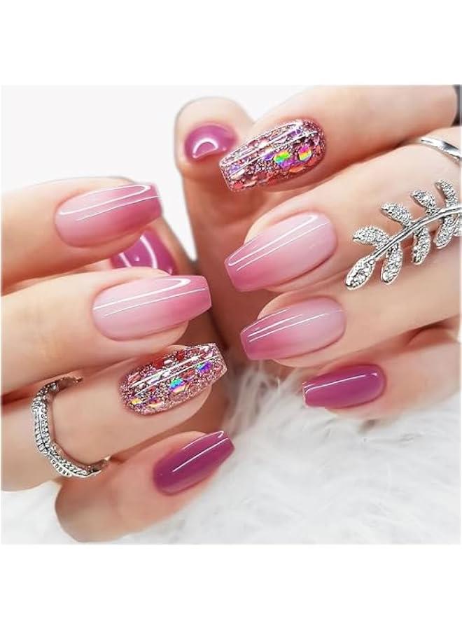 24Pcs French Press on Nails Medium Long Coffin Gradient Purple Acrylic Nail Set Reusable Full Coverage False Nails Coffin Press on Stick on Nails Women With Glitter Suitable for Manicures - Image 1
