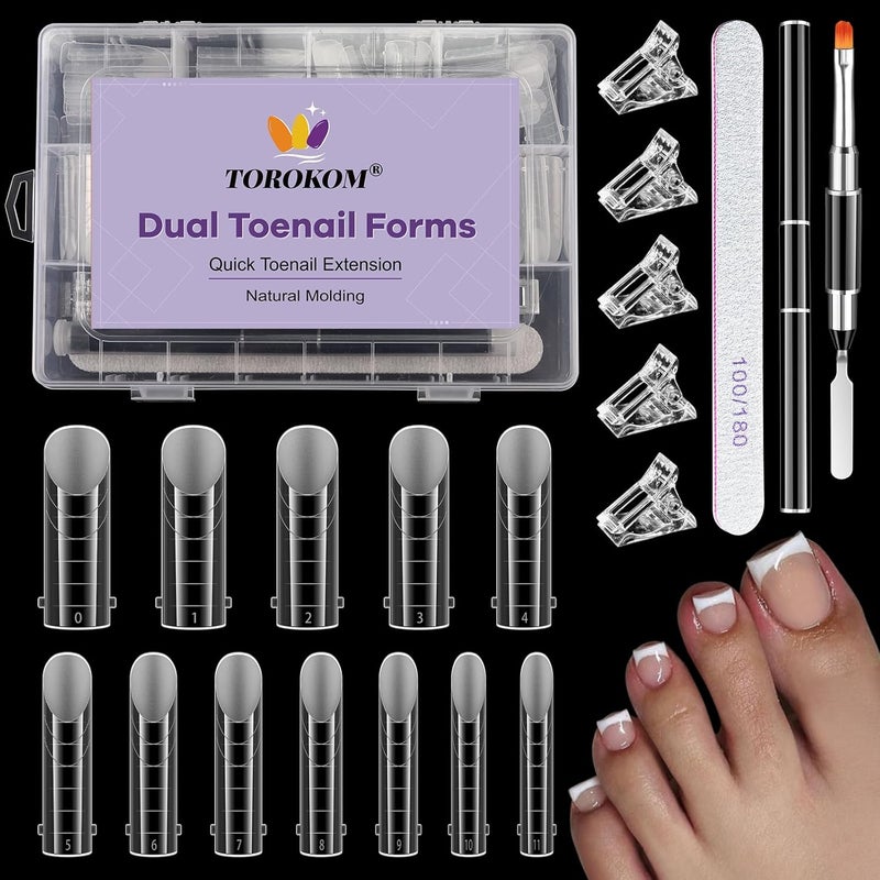 TOROKOM Poly Gel Toe Nail Forms Kit 120 Pcs 12 Sizes Clear Full Cover Reusable Toenail Art Mold with Scale and Brush