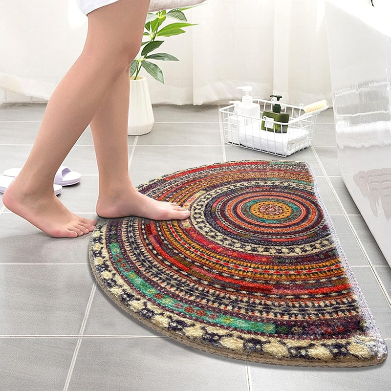 WERGHJ SUJIN Half Round Door Mat,Semi Circle Bathroom Floor Rug,Mandala Boho Bohemian Non-Slip Welcome Entrance Way Absorbent Bath Mat,Microfiber Tufted Indoor Rug for Kitchen Living Room (Multicolor) - Image 5