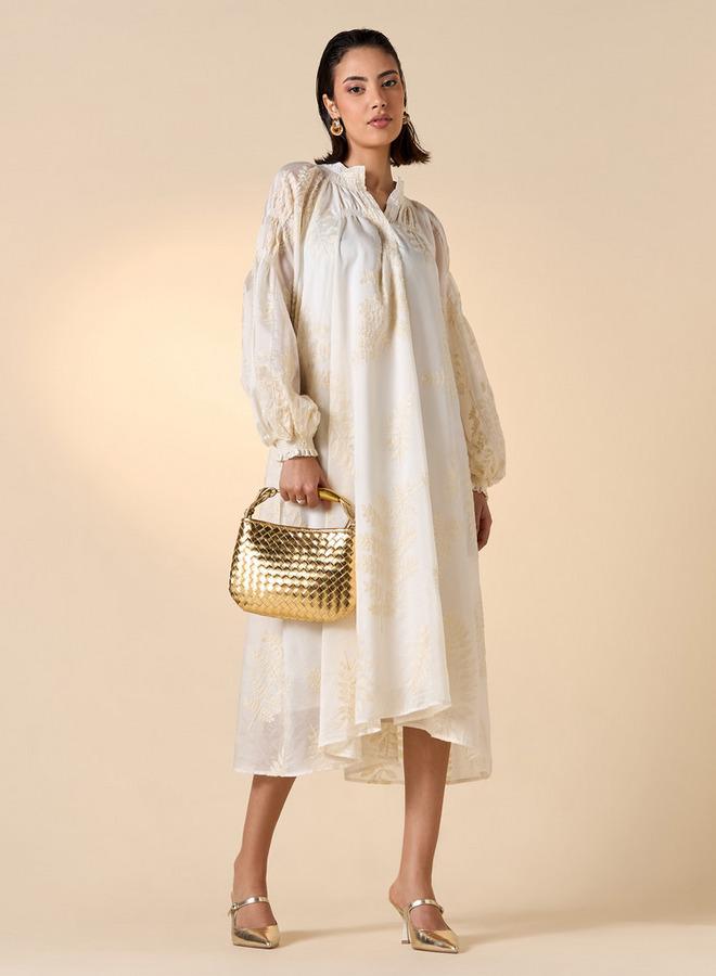 ايكونيك فستان ميدي إيه لاين بياقة ماندرين وتطريز أوراق شجر من آيكونيك - Image 1