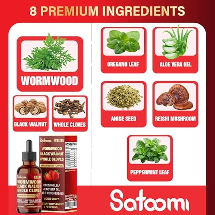Satoomi 8in1 Wormwood Liquid Drops with Black Walnut, Whole Cloves and 5 More - 60ml for 60 Days Supply - Image 3