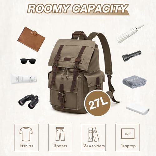Kattee Men’s Leather Canvas Backpack Large School Bag Travel Rucksack Army Green - Image 4