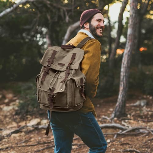 Kattee Men’s Leather Canvas Backpack Large School Bag Travel Rucksack Army Green - Image 2