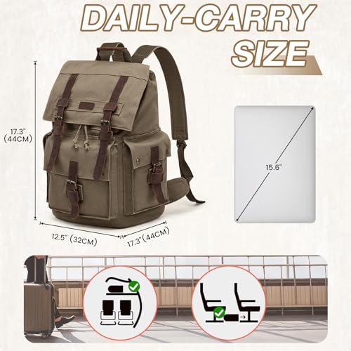Kattee Men’s Leather Canvas Backpack Large School Bag Travel Rucksack Army Green - Image 3