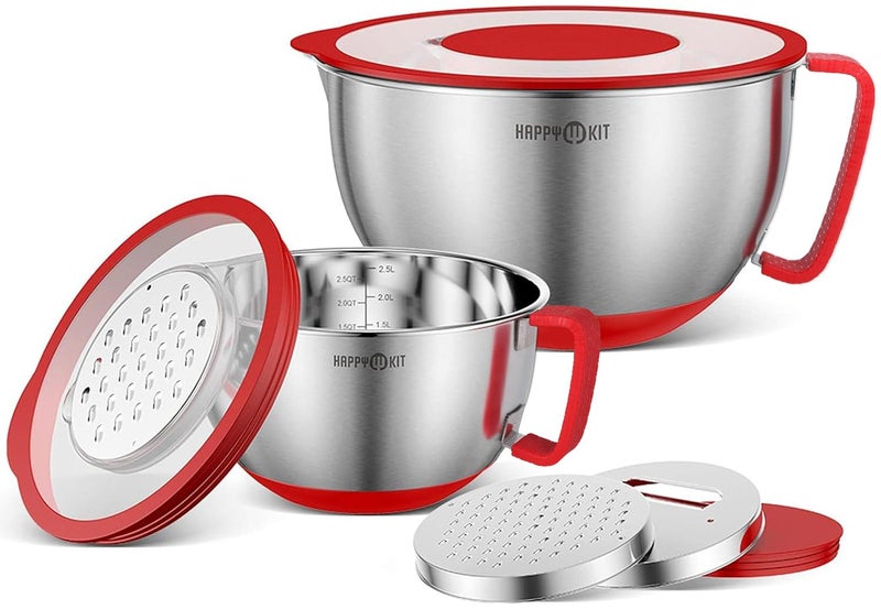 HAPPY KIT 188 Mixing Bowls with Lids Set of 2Stainless Steel Mixing Bowl with Pour Spout Nonslip Handle and Bottoms 3 Grater Attachments Measurement Marks Lid Size 5 3QTRed