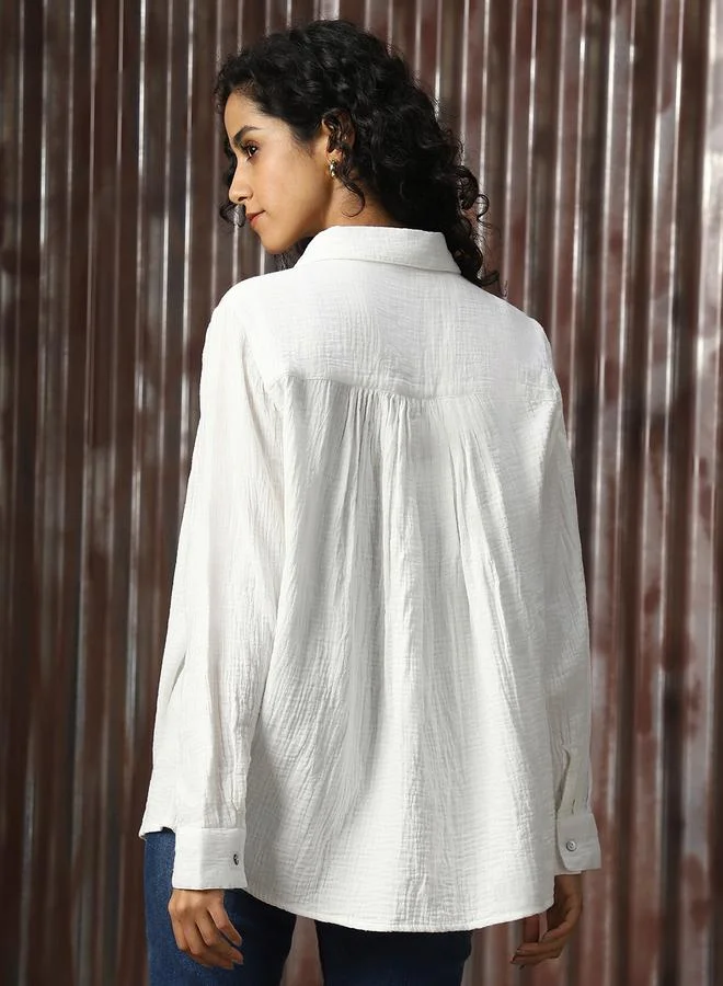 HIGH STAR Women Oversized Solid Cotton with Geathers At Shoulder Casual Shirt