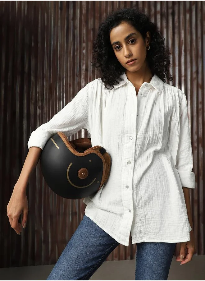 هاي ستار Women Oversized Solid Cotton with Geathers At Shoulder Casual Shirt