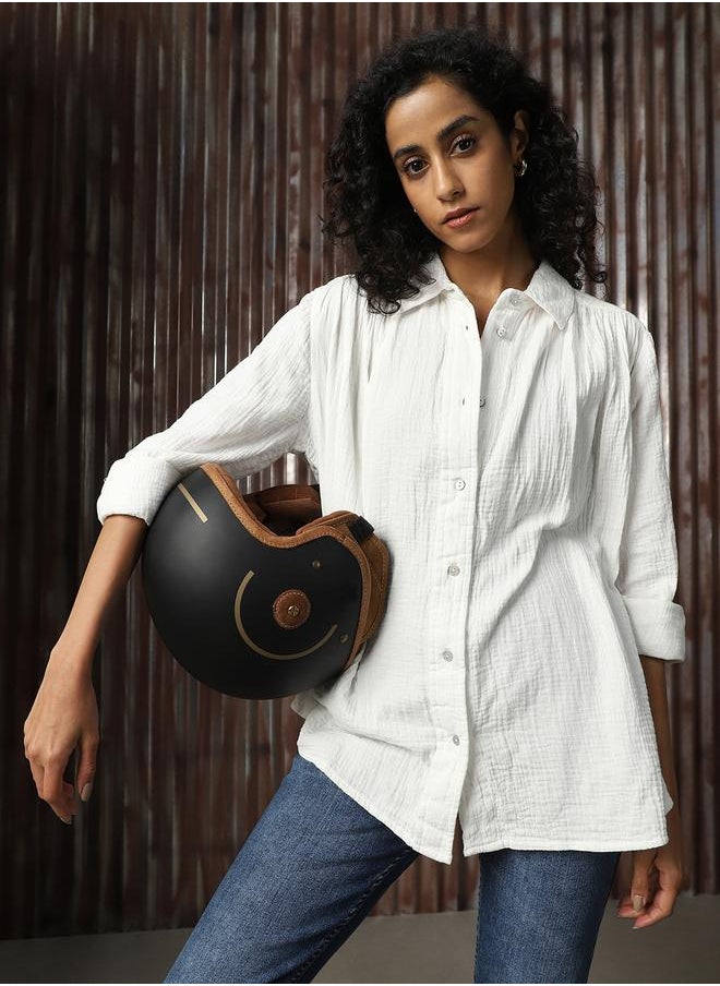 HIGH STAR Women Oversized Solid Cotton with Geathers At Shoulder Casual Shirt  - Image 1
