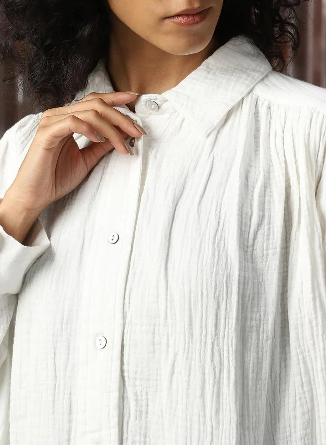 HIGH STAR Women Oversized Solid Cotton with Geathers At Shoulder Casual Shirt