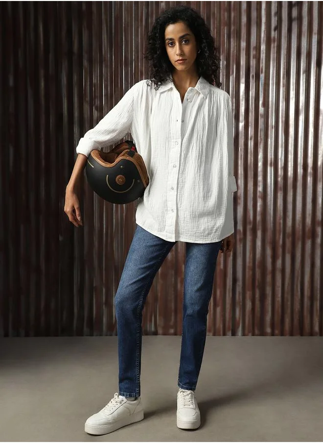 هاي ستار Women Oversized Solid Cotton with Geathers At Shoulder Casual Shirt