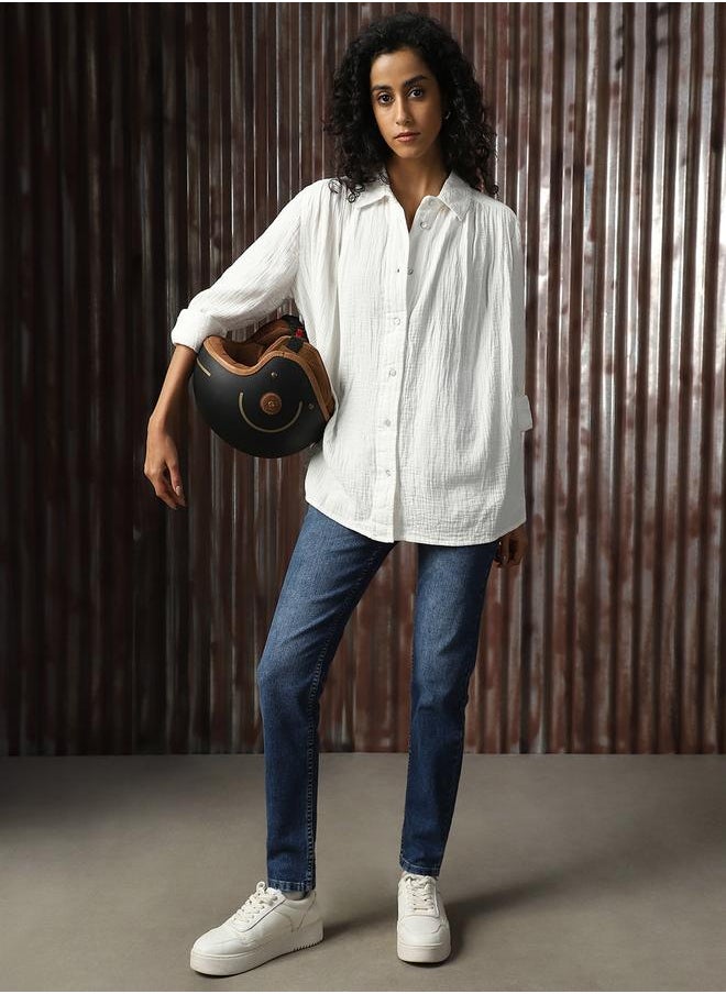 HIGH STAR Women Oversized Solid Cotton with Geathers At Shoulder Casual Shirt  - Image 2