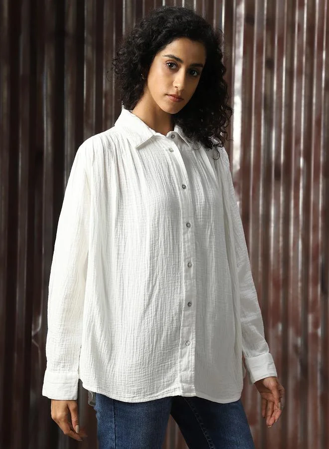 HIGH STAR Women Oversized Solid Cotton with Geathers At Shoulder Casual Shirt