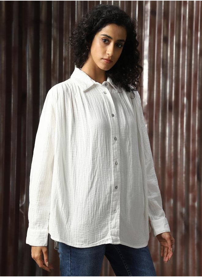 HIGH STAR Women Oversized Solid Cotton with Geathers At Shoulder Casual Shirt  - Image 3