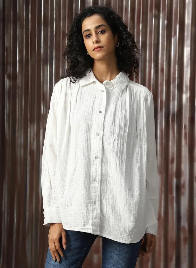 HIGH STAR Women Oversized Solid Cotton with Geathers At Shoulder Casual Shirt