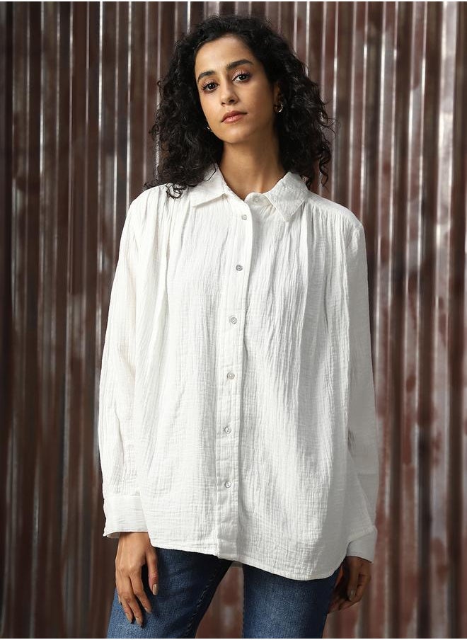 HIGH STAR Women Oversized Solid Cotton with Geathers At Shoulder Casual Shirt  - Image 5