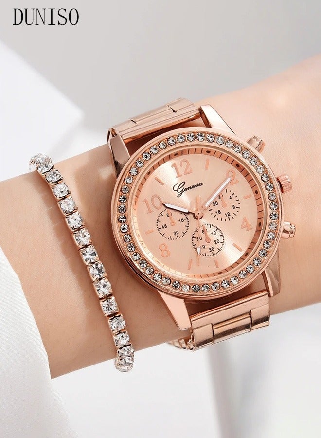DUNISO طقم ساعات نسائية، 5 قطع طقم ساعات نسائية فاخرة ببساطة مع حزام سبيكة وساعة يد نسائية كواتز مع سوار رينستون سبيكة (ذهب وردي) - Image 4