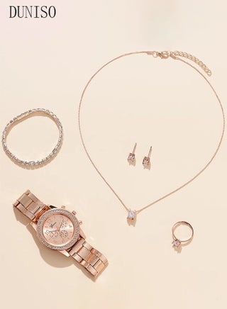Women Watch Sets, 5 Pcs Luxury Fashion Women Watch Set Alloy Strap Ladies Quartz Wristwatch Rhinestone Alloy Bracelet (Rose Gold) - view 2
