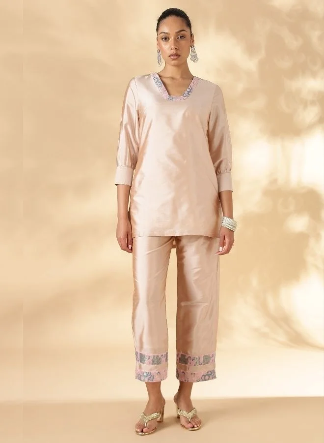 Abhishti High-Low Kurta with Broad Straight Pants with Brocade Details