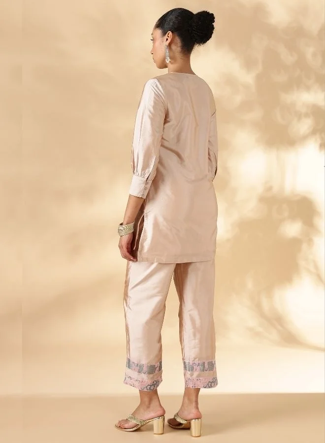 Abhishti  High-Low Kurta with Broad Straight Pants with Brocade Details for Women | Best Price UAE