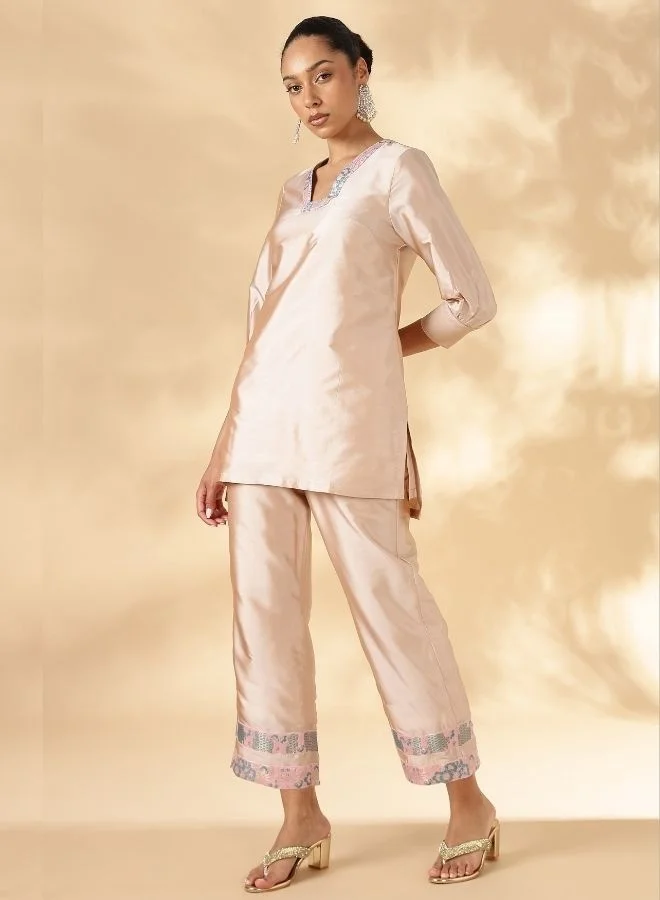 Abhishti  High-Low Kurta with Broad Straight Pants with Brocade Details for Women | Best Price UAE