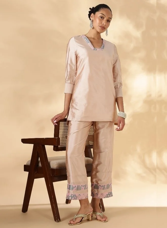 Abhishti  High-Low Kurta with Broad Straight Pants with Brocade Details for Women | Best Price UAE