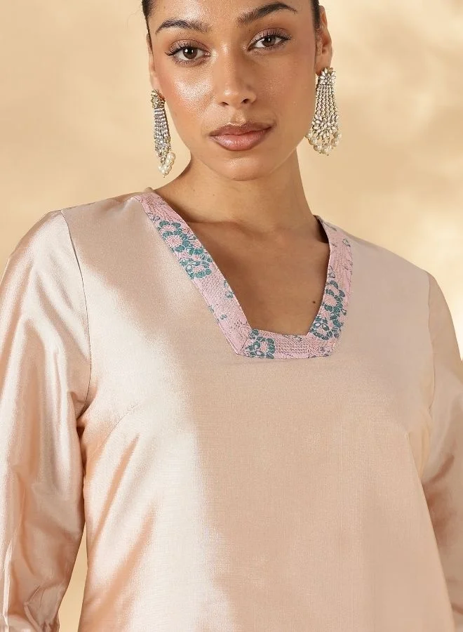 Abhishti High-Low Kurta with Broad Straight Pants with Brocade Details