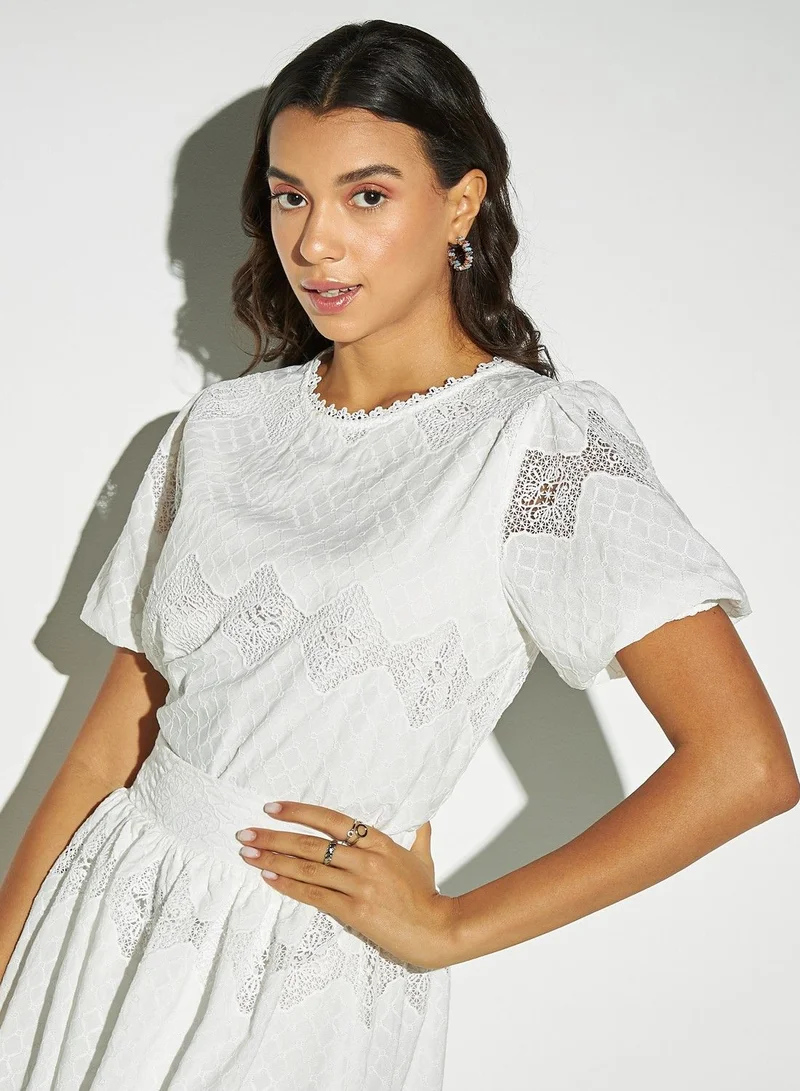 2Xtremz 2Xtremz Lace Detail Round Neck Top with Balloon Sleeves