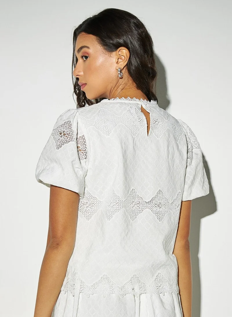 2Xtremz 2Xtremz Lace Detail Round Neck Top with Balloon Sleeves