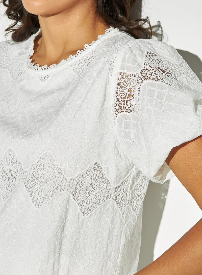 2Xtremz 2Xtremz Lace Detail Round Neck Top with Balloon Sleeves