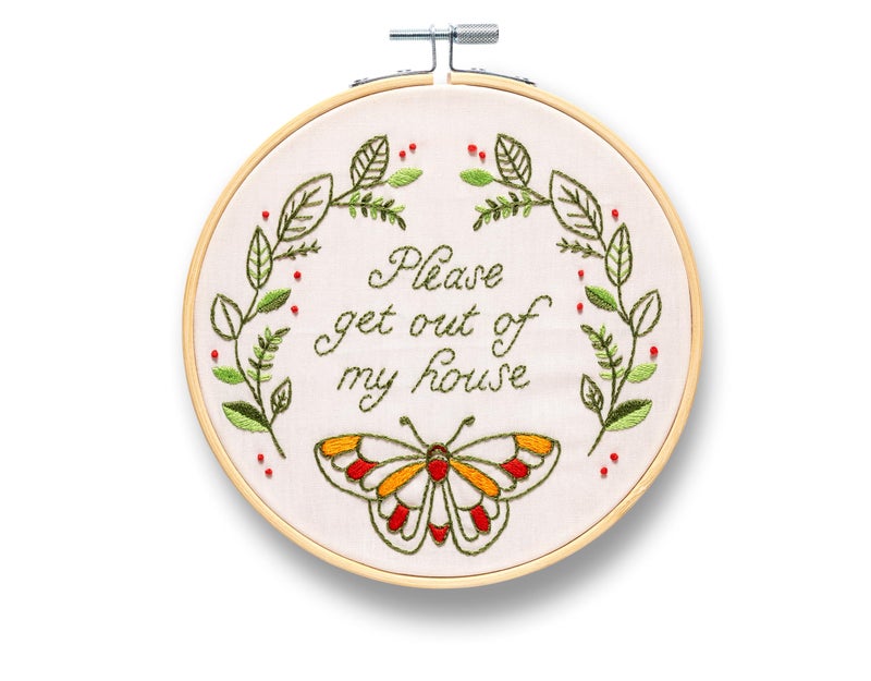 FUNATIC Please Get Out of My House Embroidery Kit | Funny Beginner Needle Work Starter Set for Adult | Needlepoint DIY Art and Craft | Cross Stitch Set with Hoop Floss Needles Threader Printed Fabric - Image 1
